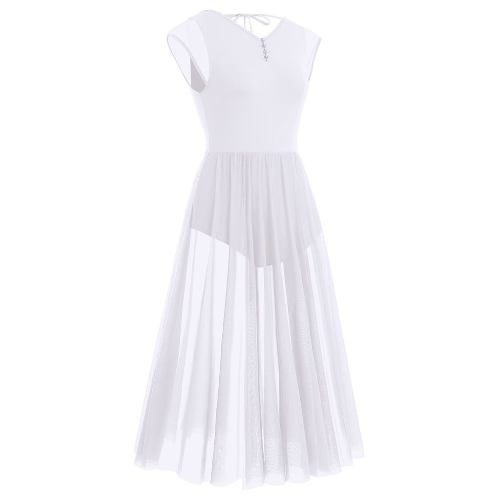 IBTOM CASTLE Women Lyrical Dance Dress Adult Modern Contemporary Dancewear Cap Sleeve Flowy Mesh Split Maxi Long Dress S White