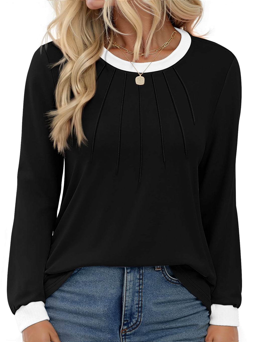 Fantaslook Women Blouses Color Block Long Sleeve Shirts Pleated Fall Tops Fashion Dressy Blouses