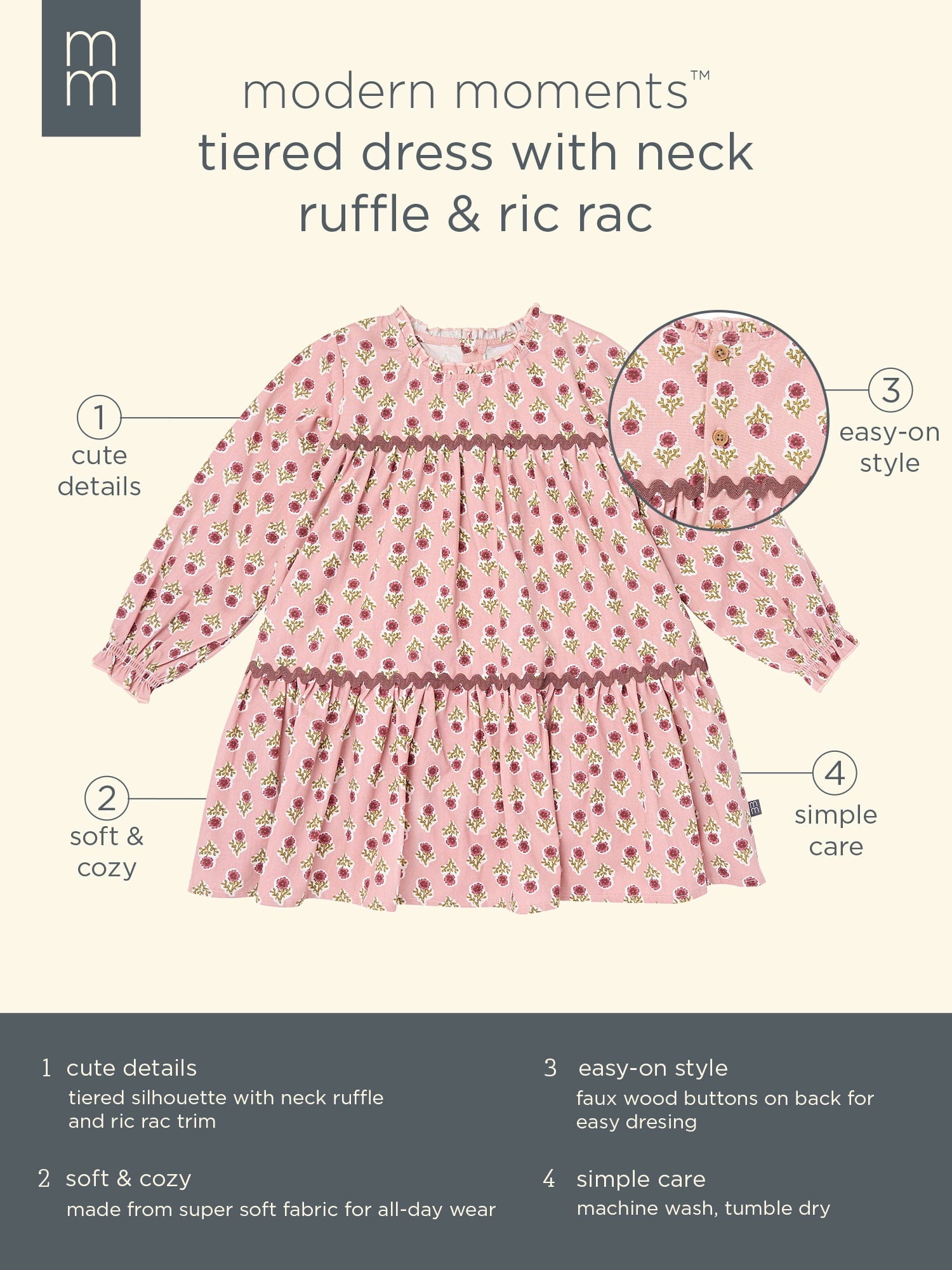 Modern Moments by Gerber Toddler Girl Tiered Dress with Ric Rac, Sizes 12M-5T
