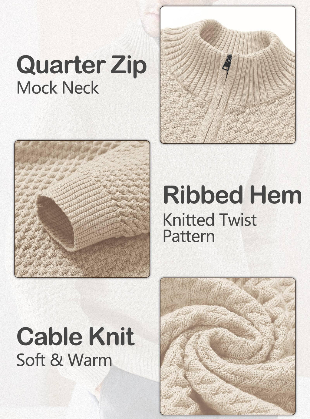 Zaitun Men's Cable Knit Quarter Zip Pullover Sweater Lightweight Long Sleeve Business Casual Sweaters