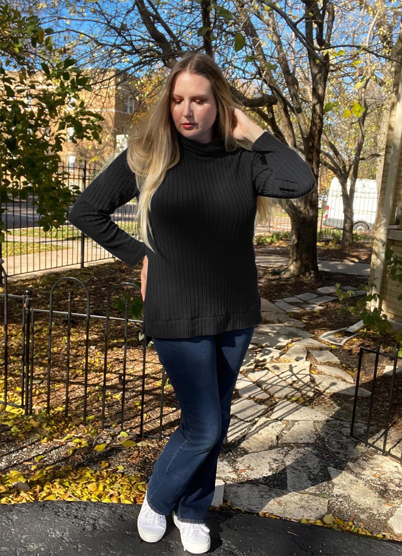 SHIBEVER Sweaters for Women Long Sleeve Pullover Casual Fall Tunic Tops Turtleneck Lightweight Soft Sweaters Side Split Loose Winter Clothes