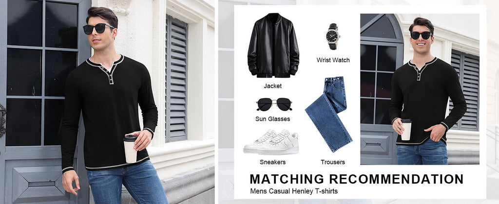 Iceglad Mens Henley Shirts Long Sleeve T Shirt Fashion Casual Slim V Neck Shirts