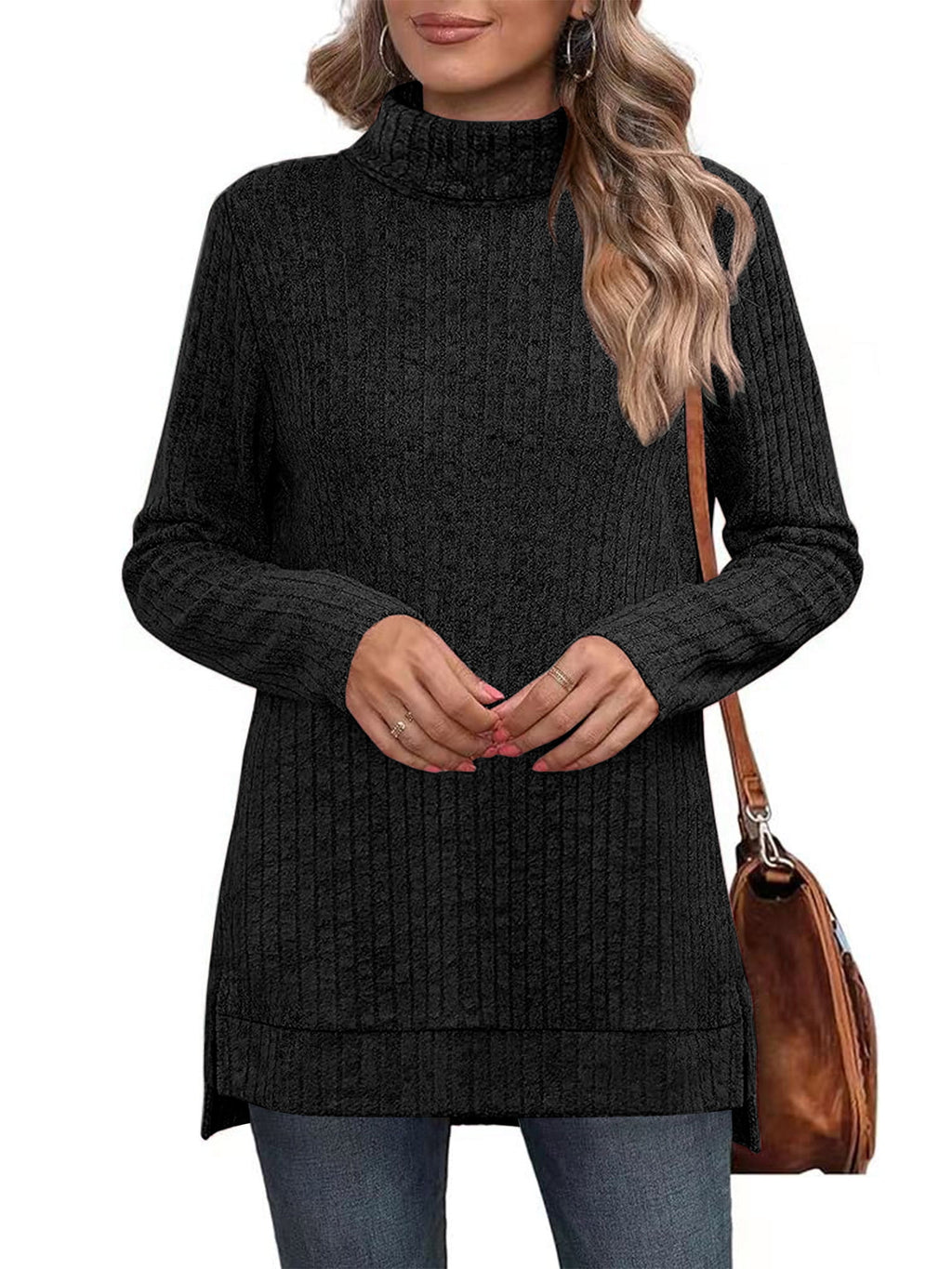 SHIBEVER Sweaters for Women Long Sleeve Pullover Casual Fall Tunic Tops Turtleneck Lightweight Soft Sweaters Side Split Loose Winter Clothes