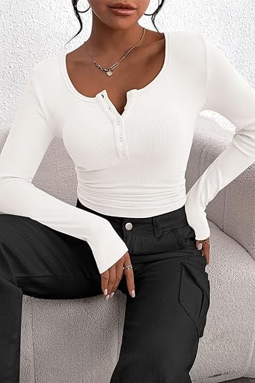 PRETTYGARDEN Women's 2025 Spring Fall Long Sleeve Henley T Shirts Button Ribbed Knit Slim Fit Casual Basic Tops Blouse
