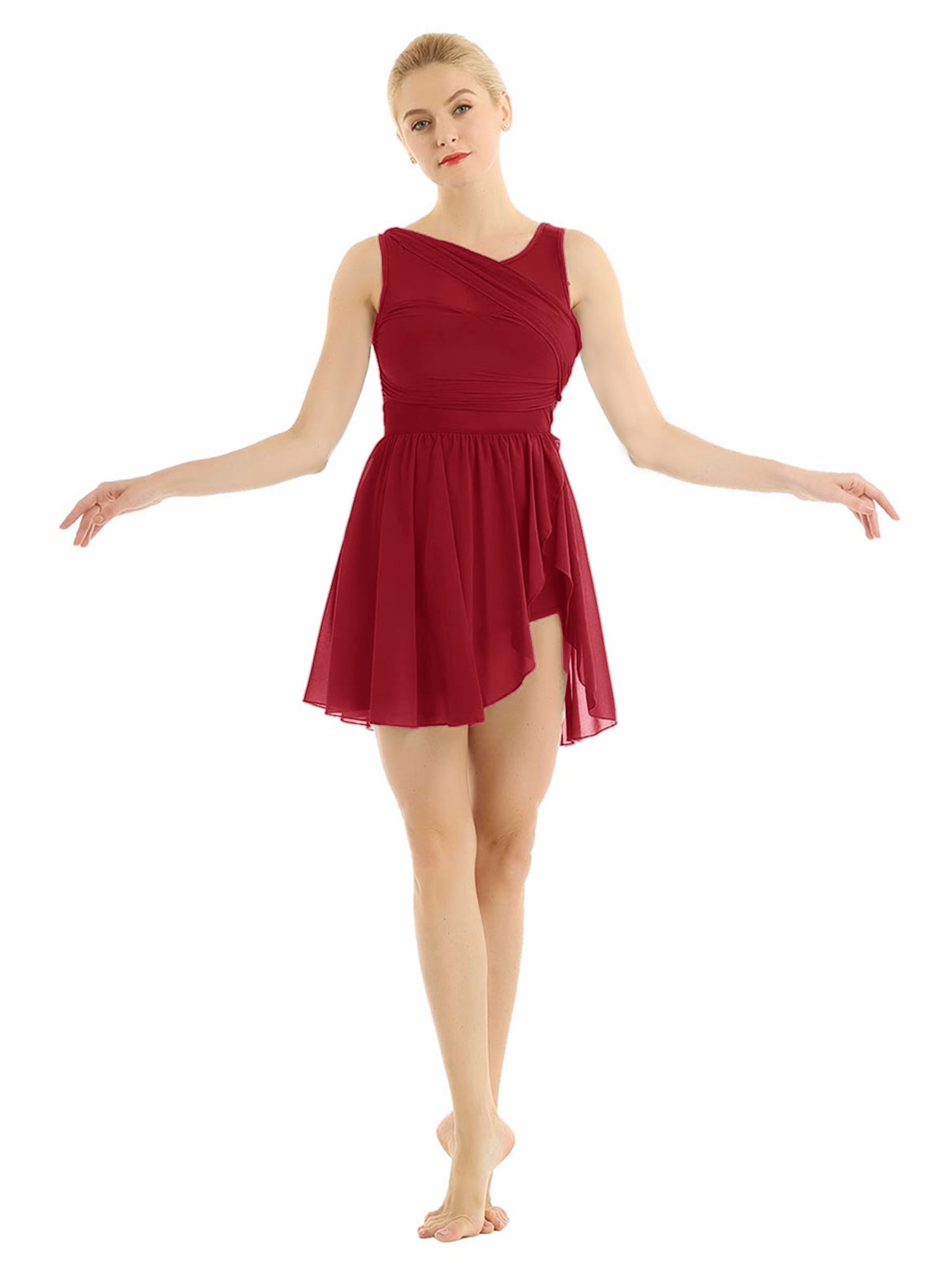 renvena Women Lyrical Modern Contemporary Dance Ballet Skirted Leotards Chiffon High Low Dress Red S
