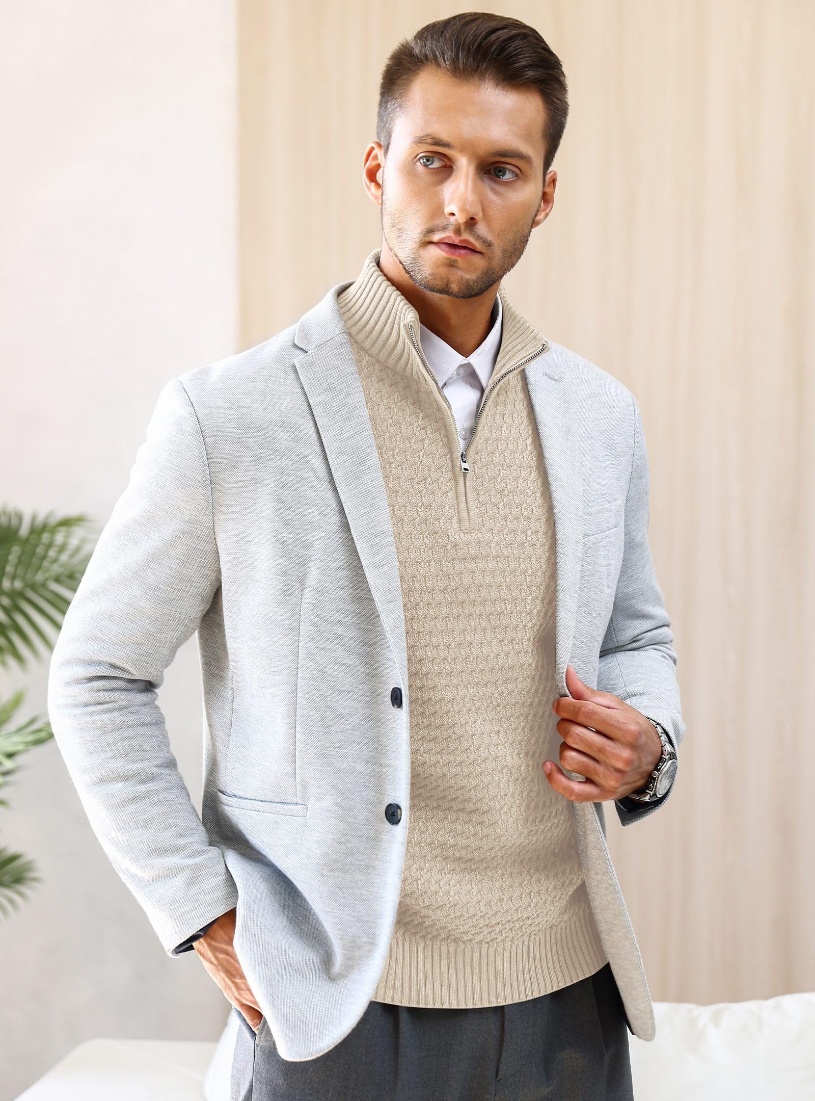 Zaitun Men's Cable Knit Quarter Zip Pullover Sweater Lightweight Long Sleeve Business Casual Sweaters