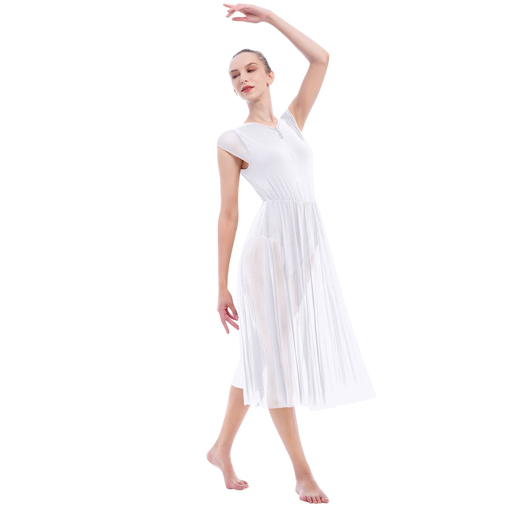IBTOM CASTLE Women Lyrical Dance Dress Adult Modern Contemporary Dancewear Cap Sleeve Flowy Mesh Split Maxi Long Dress S White