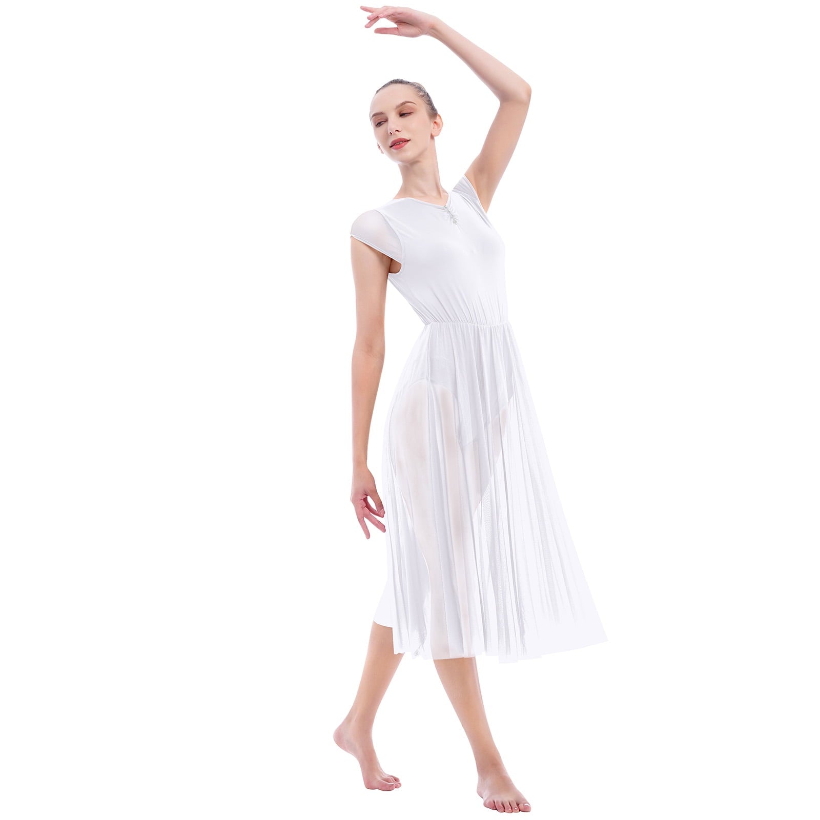 IBTOM CASTLE Women Lyrical Dance Dress Adult Modern Contemporary Dancewear Cap Sleeve Flowy Mesh Split Maxi Long Dress S White