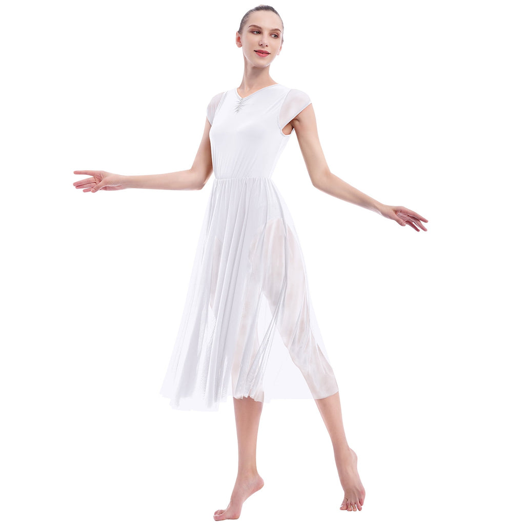 IBTOM CASTLE Women Lyrical Dance Dress Adult Modern Contemporary Dancewear Cap Sleeve Flowy Mesh Split Maxi Long Dress S White