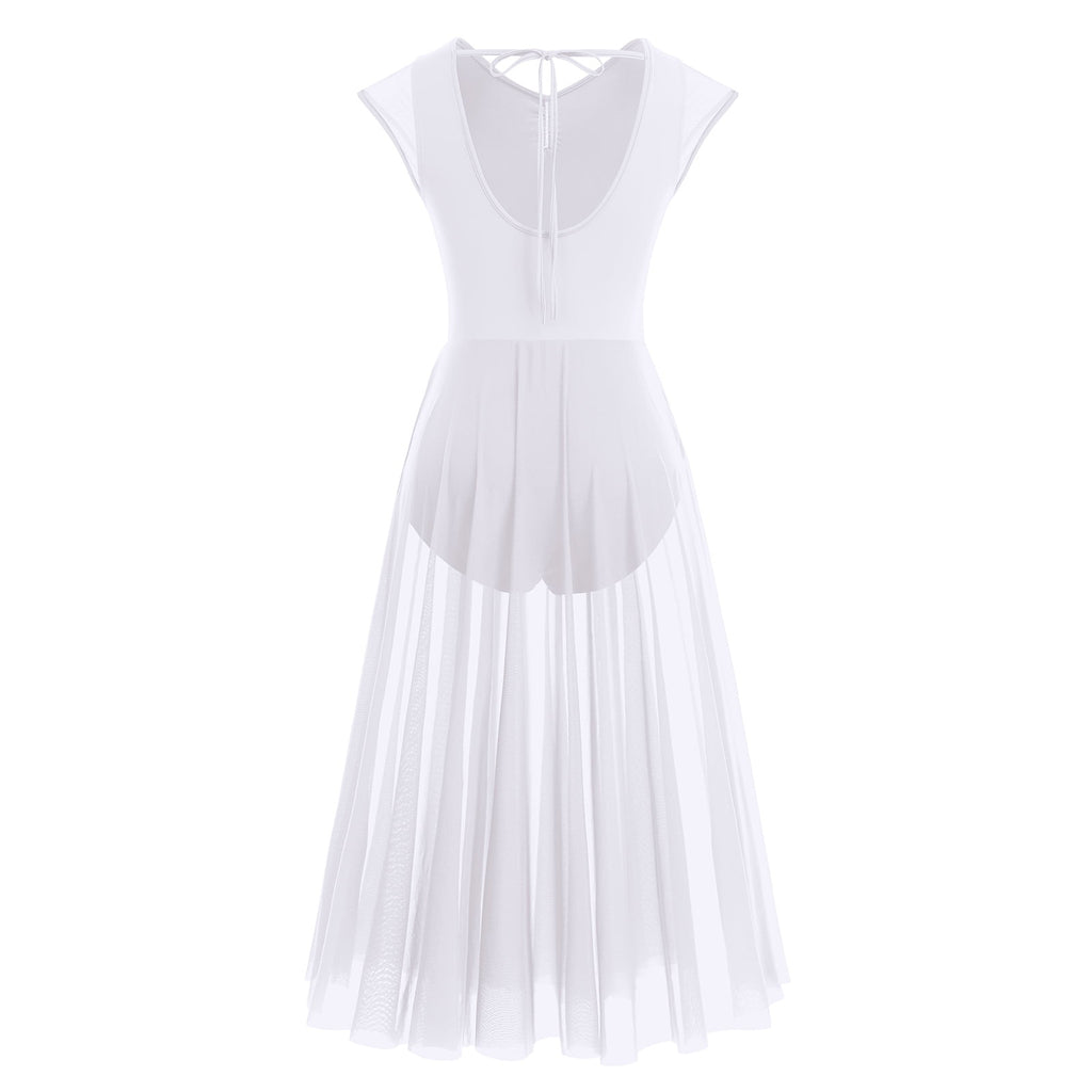 IBTOM CASTLE Women Lyrical Dance Dress Adult Modern Contemporary Dancewear Cap Sleeve Flowy Mesh Split Maxi Long Dress S White