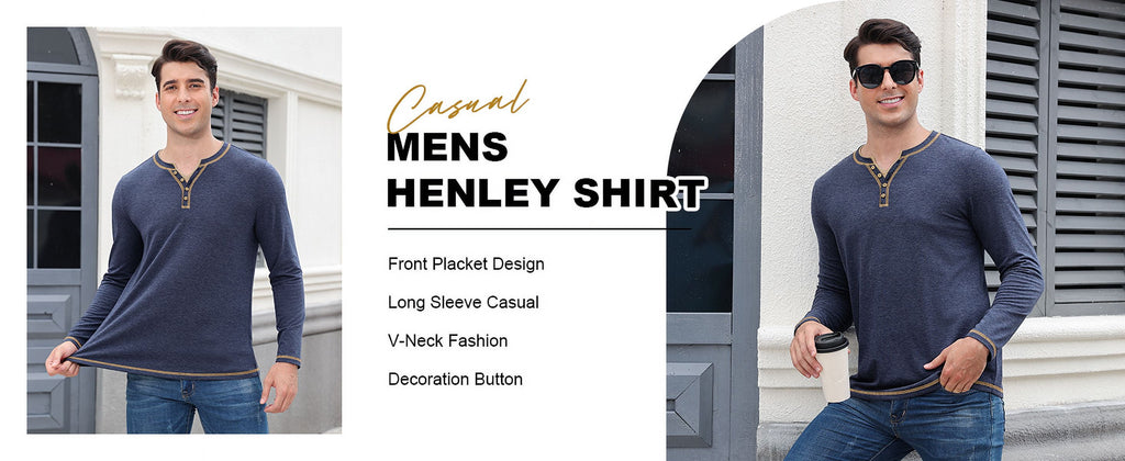Iceglad Mens Henley Shirts Long Sleeve T Shirt Fashion Casual Slim V Neck Shirts