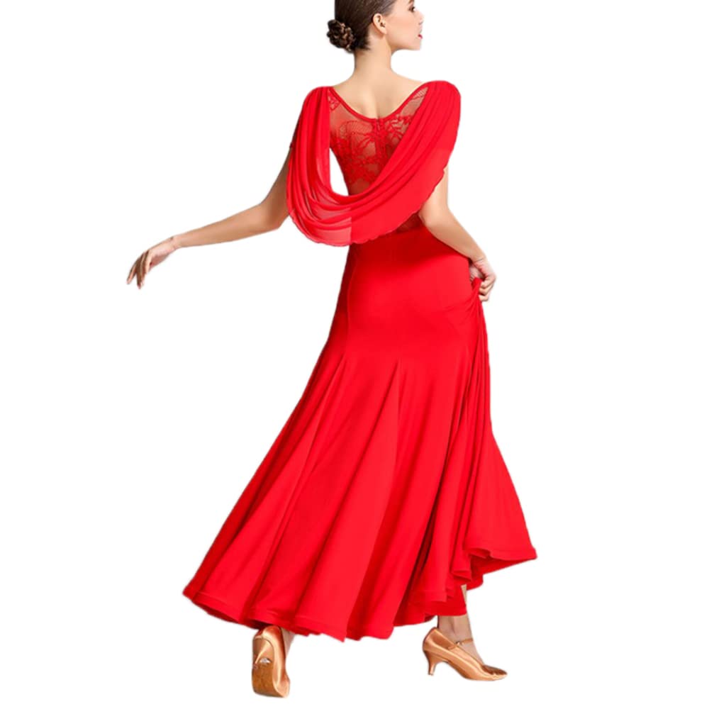 YM YOUMU Women Ballroom Dance Dress Modern Tango Lace Mesh Sleeve Dancewear