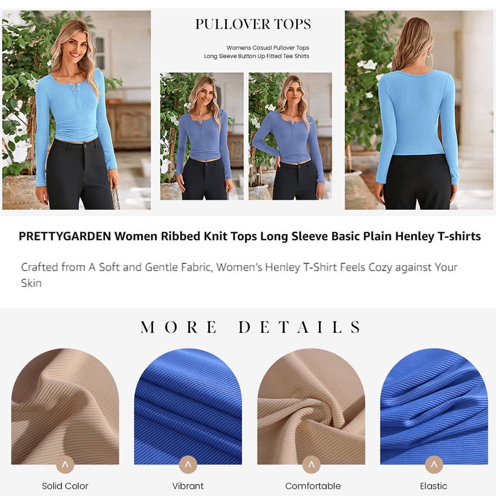PRETTYGARDEN Women's 2025 Spring Fall Long Sleeve Henley T Shirts Button Ribbed Knit Slim Fit Casual Basic Tops Blouse
