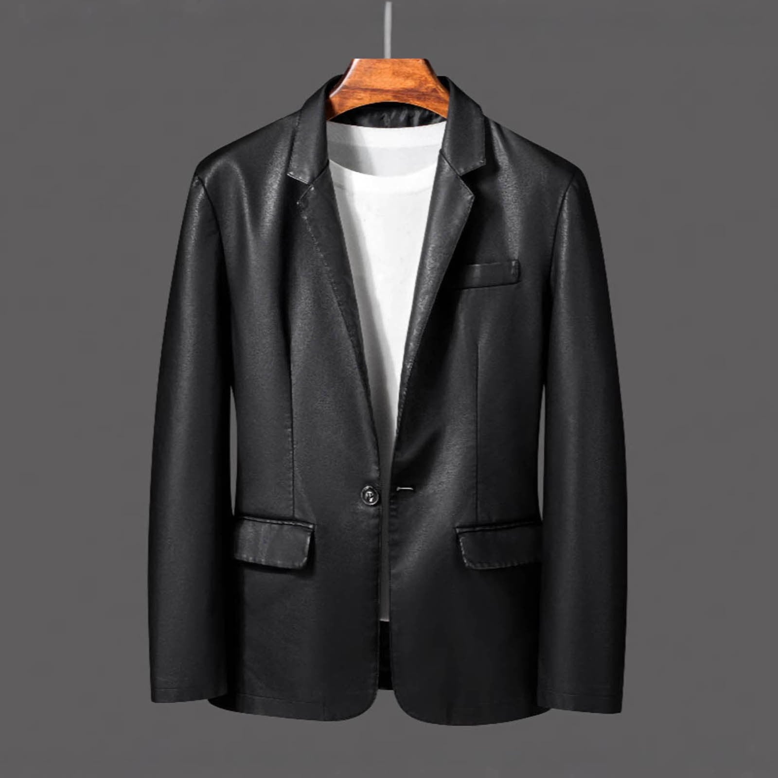 Donemore Men's Leather Blazer Jacket Solid Color Long Sleeve Business Casual Coat Slim Fit Modern Stylish Outerwear for Office Daily Wear