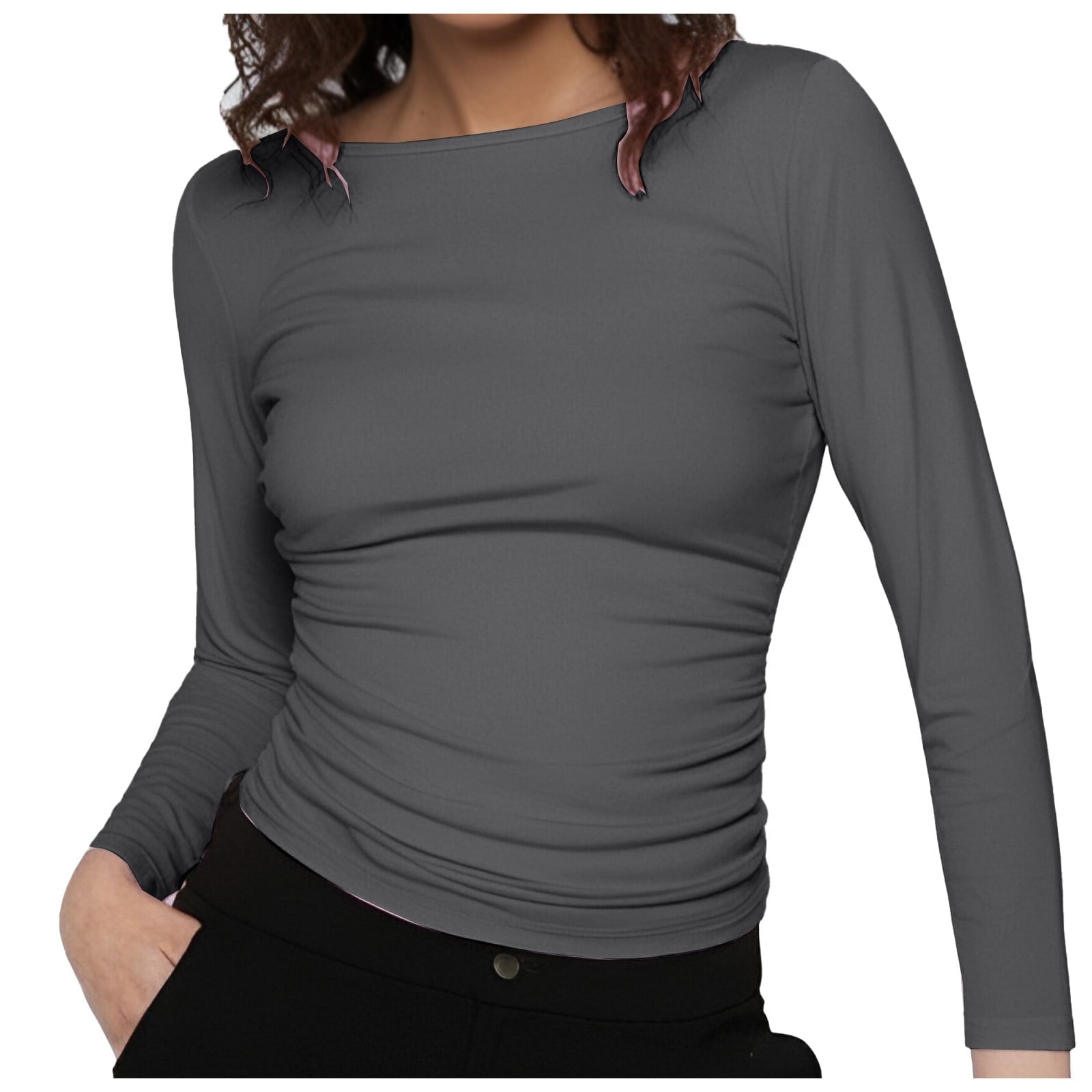 FYDUU Fall T Shirts For Women Soft Women's Boat Neck Tops Long Sleeve Shirts Casual Fitted Tee Shirts Solid Color Fall Basic Clothes Versatile Tee Blouses