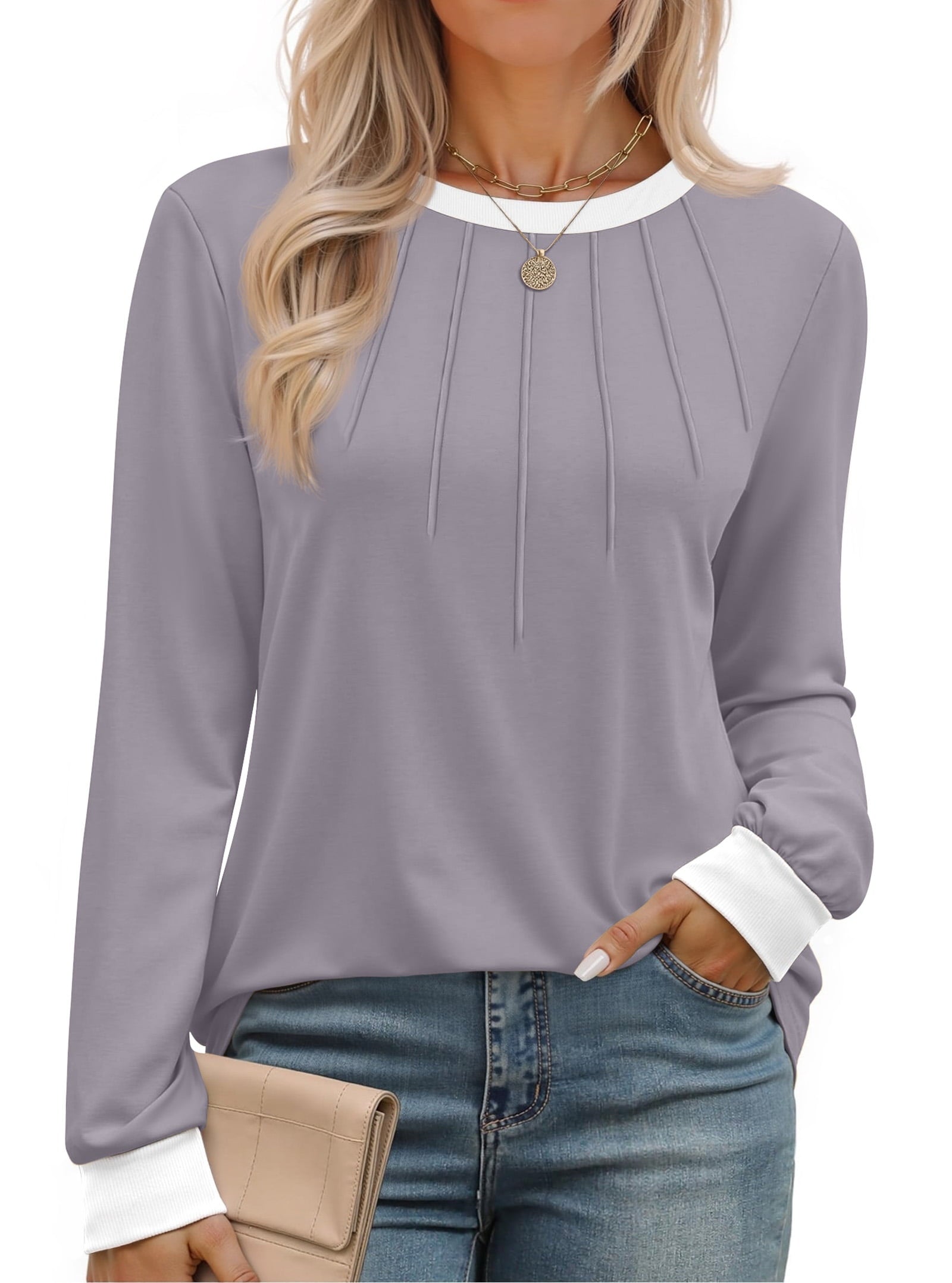 Fantaslook Women Blouses Color Block Long Sleeve Shirts Pleated Fall Tops Fashion Dressy Blouses