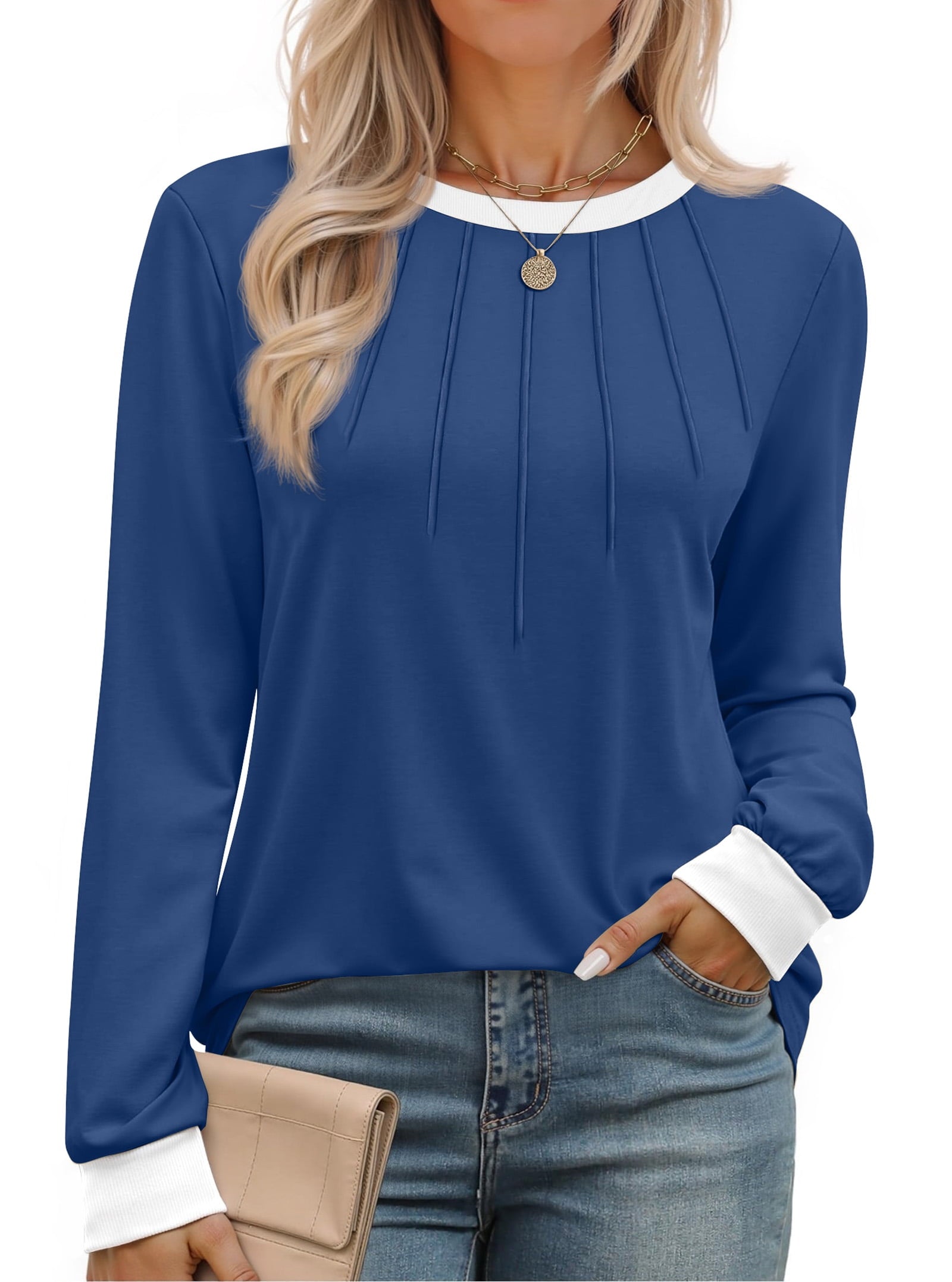 Fantaslook Women Blouses Color Block Long Sleeve Shirts Pleated Fall Tops Fashion Dressy Blouses