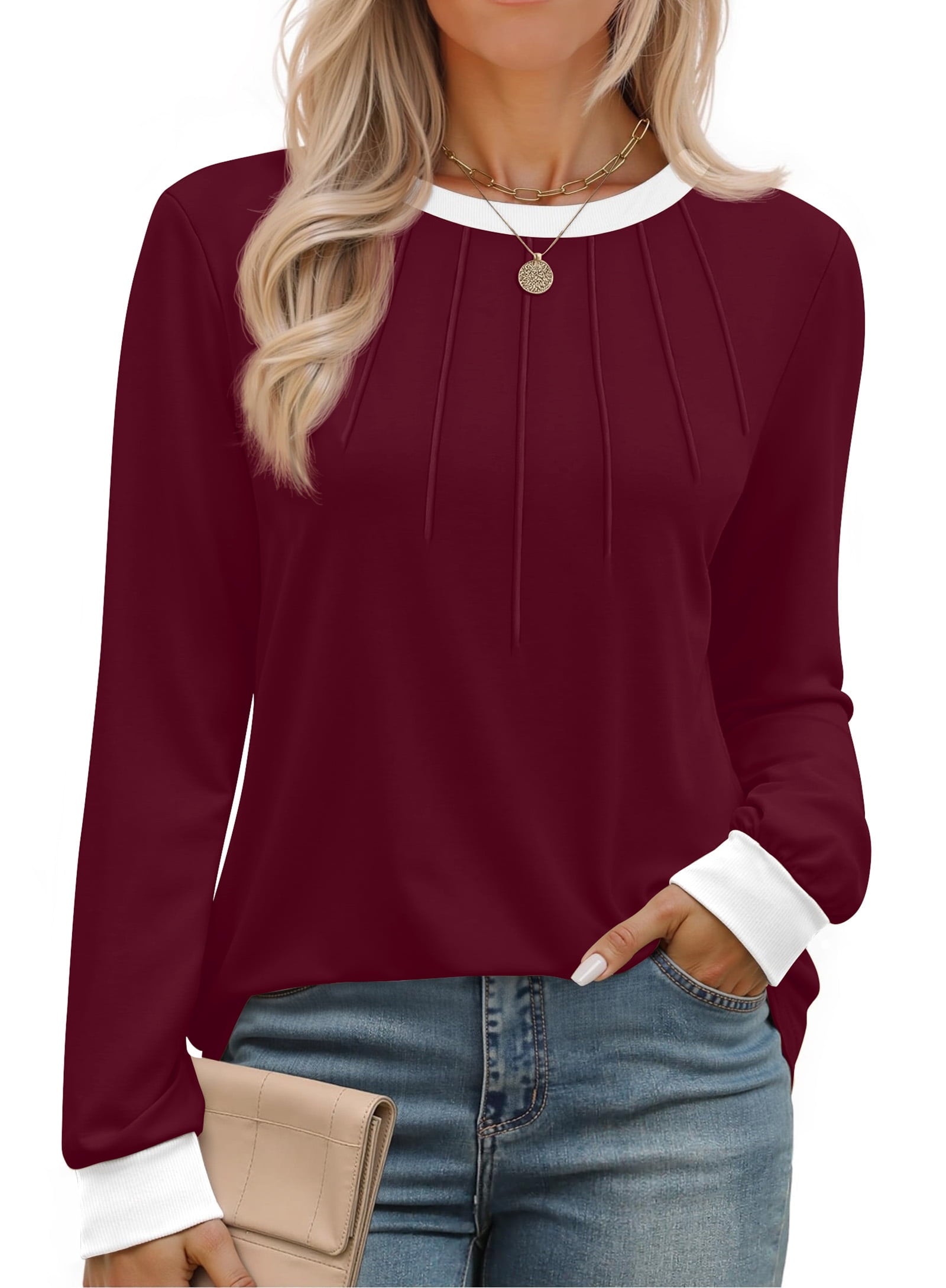 Fantaslook Women Blouses Color Block Long Sleeve Shirts Pleated Fall Tops Fashion Dressy Blouses