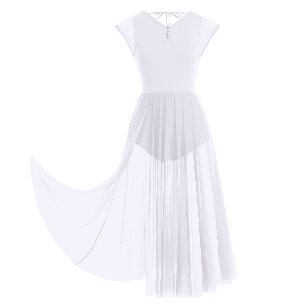 IBTOM CASTLE Women Lyrical Dance Dress Adult Modern Contemporary Dancewear Cap Sleeve Flowy Mesh Split Maxi Long Dress S White