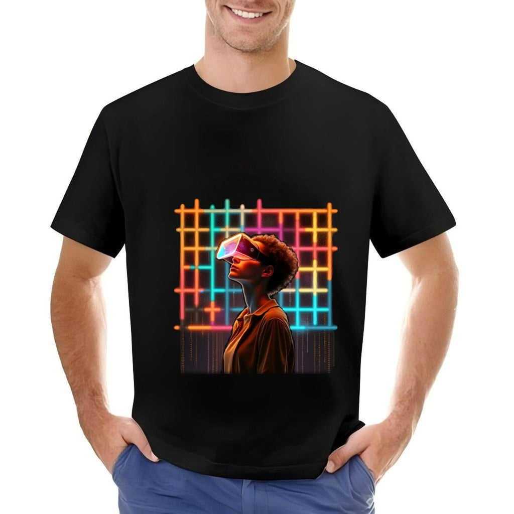 Men's Cotton Short Sleeve T-Shirt with Futuristic Geometric Pattern Design - Modern Tech Style Tee