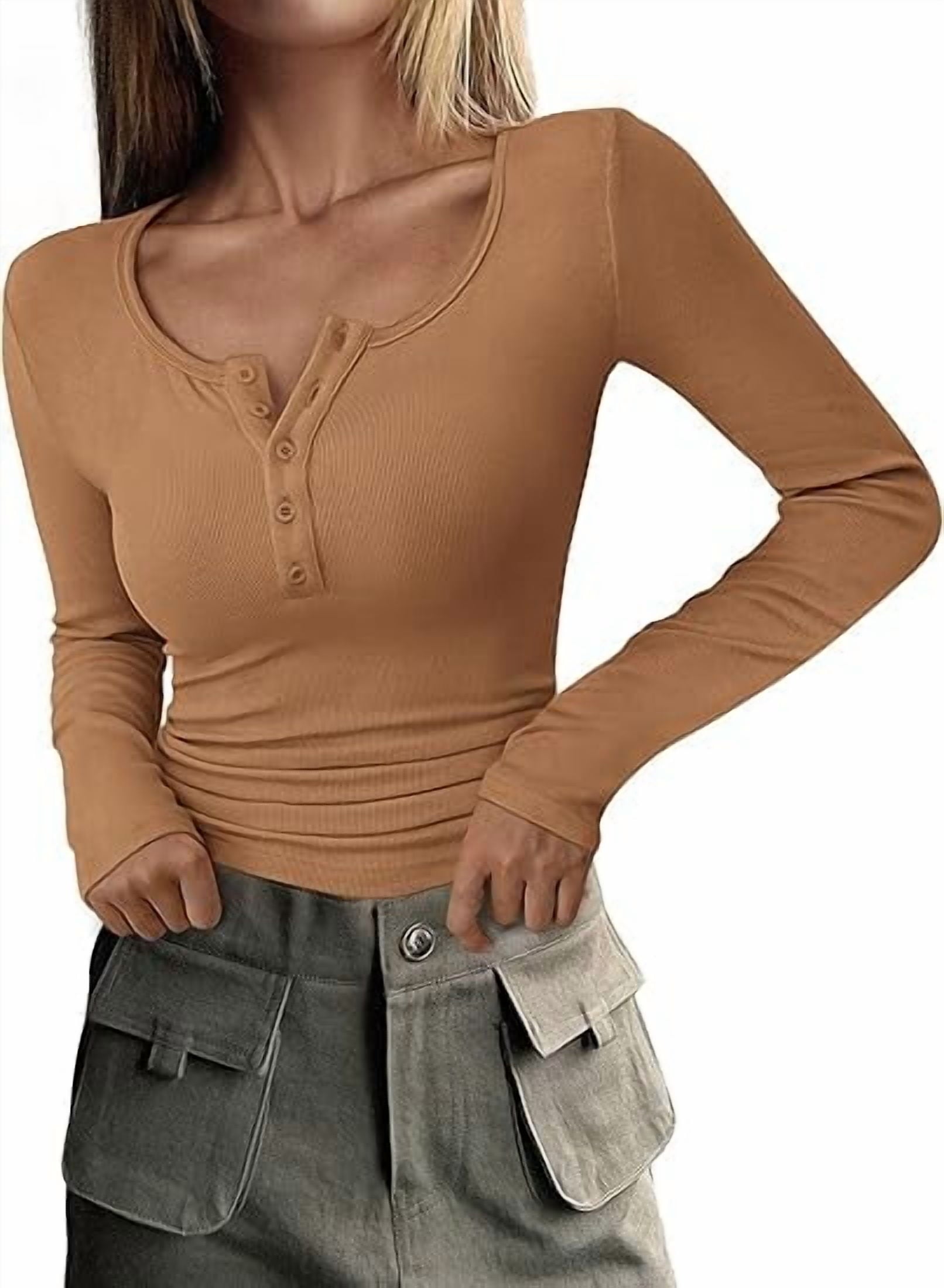 PRETTYGARDEN Women's 2025 Spring Fall Long Sleeve Henley T Shirts Button Ribbed Knit Slim Fit Casual Basic Tops Blouse