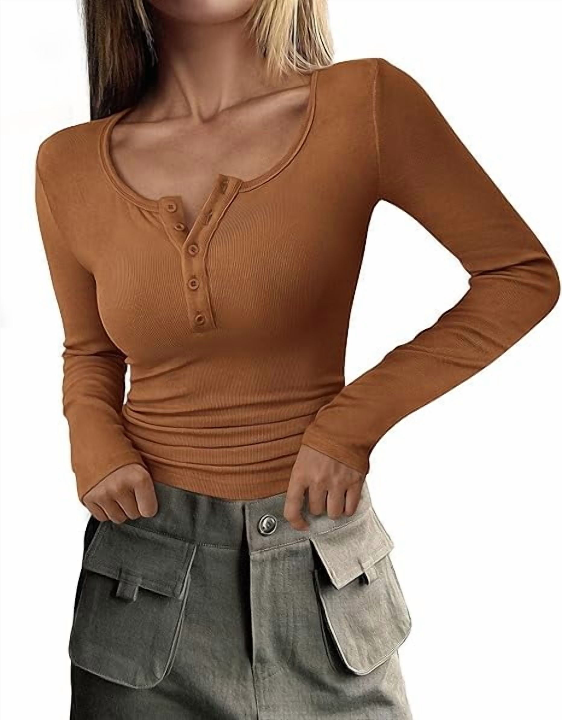 PRETTYGARDEN Women's 2025 Spring Fall Long Sleeve Henley T Shirts Button Ribbed Knit Slim Fit Casual Basic Tops Blouse