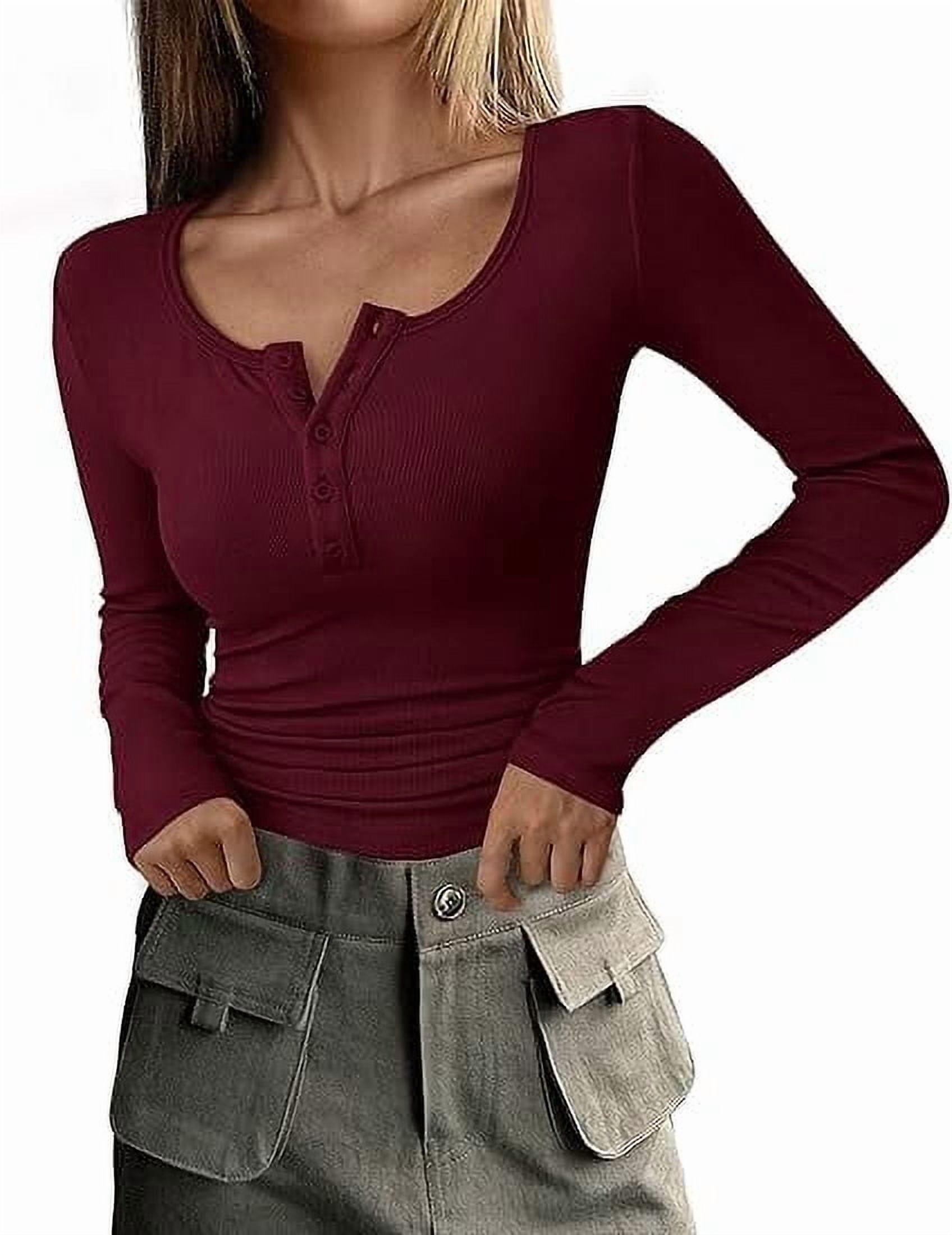 PRETTYGARDEN Women's 2025 Spring Fall Long Sleeve Henley T Shirts Button Ribbed Knit Slim Fit Casual Basic Tops Blouse