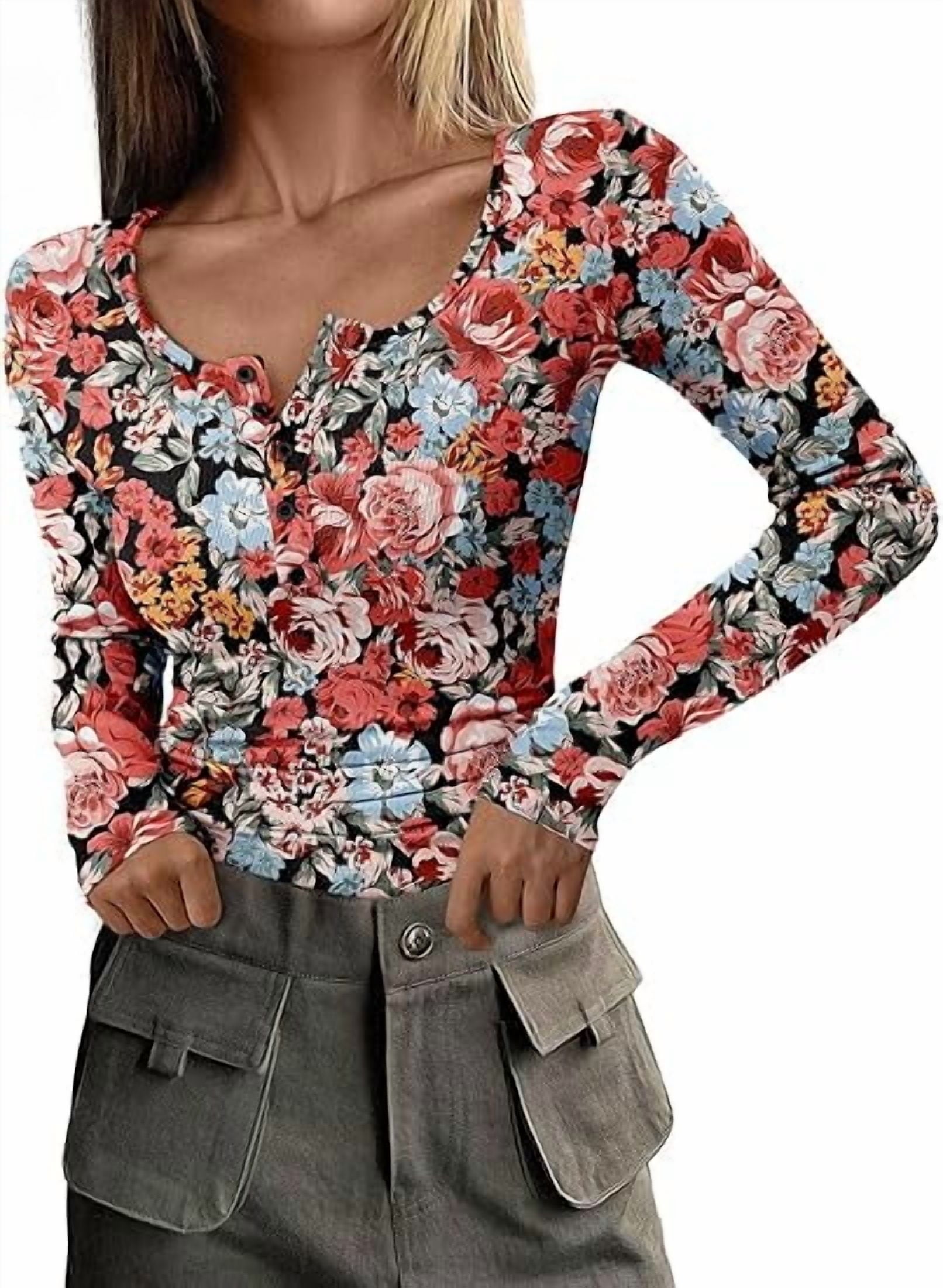 PRETTYGARDEN Women's 2025 Spring Fall Long Sleeve Henley T Shirts Button Ribbed Knit Slim Fit Casual Basic Tops Blouse