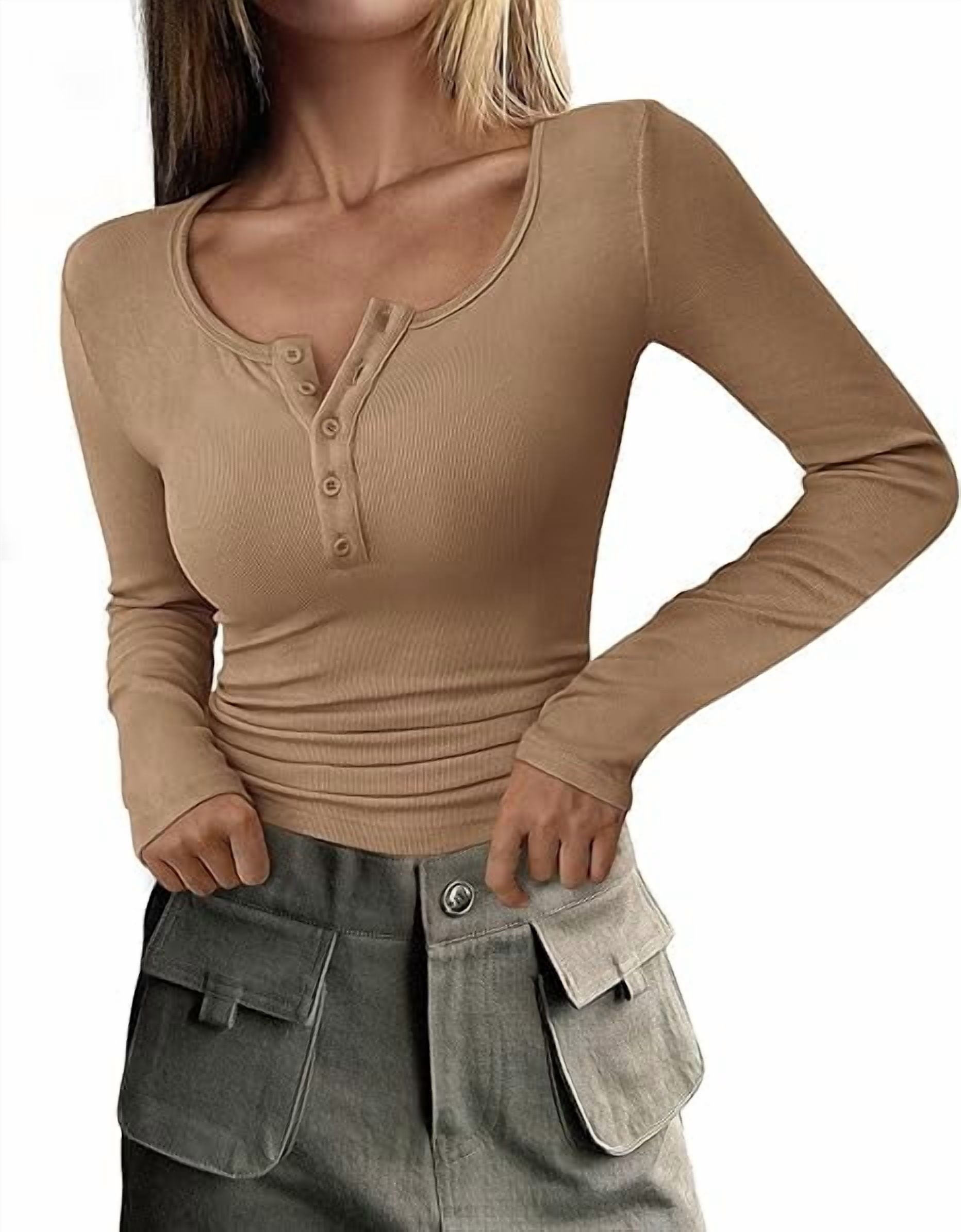 PRETTYGARDEN Women's 2025 Spring Fall Long Sleeve Henley T Shirts Button Ribbed Knit Slim Fit Casual Basic Tops Blouse