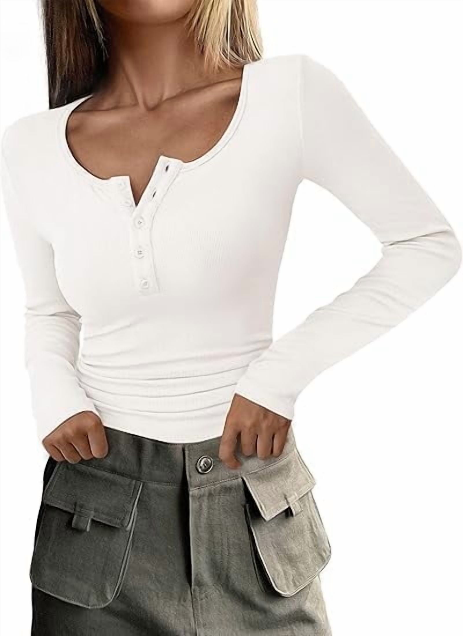 PRETTYGARDEN Women's 2025 Spring Fall Long Sleeve Henley T Shirts Button Ribbed Knit Slim Fit Casual Basic Tops Blouse