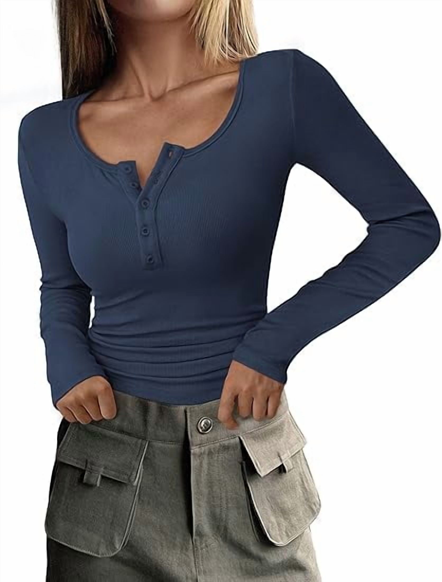 PRETTYGARDEN Women's 2025 Spring Fall Long Sleeve Henley T Shirts Button Ribbed Knit Slim Fit Casual Basic Tops Blouse