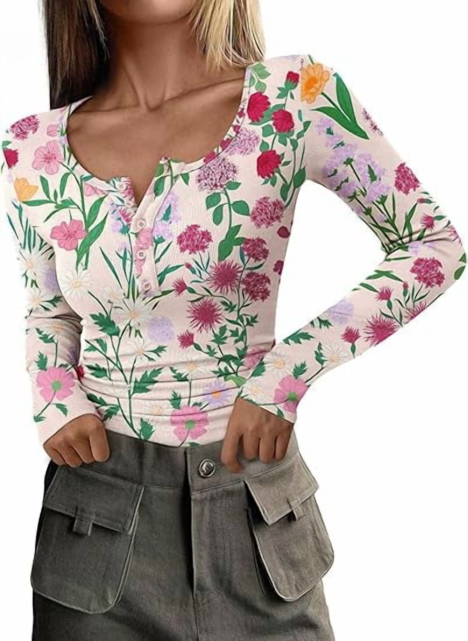 PRETTYGARDEN Women's 2025 Spring Fall Long Sleeve Henley T Shirts Button Ribbed Knit Slim Fit Casual Basic Tops Blouse
