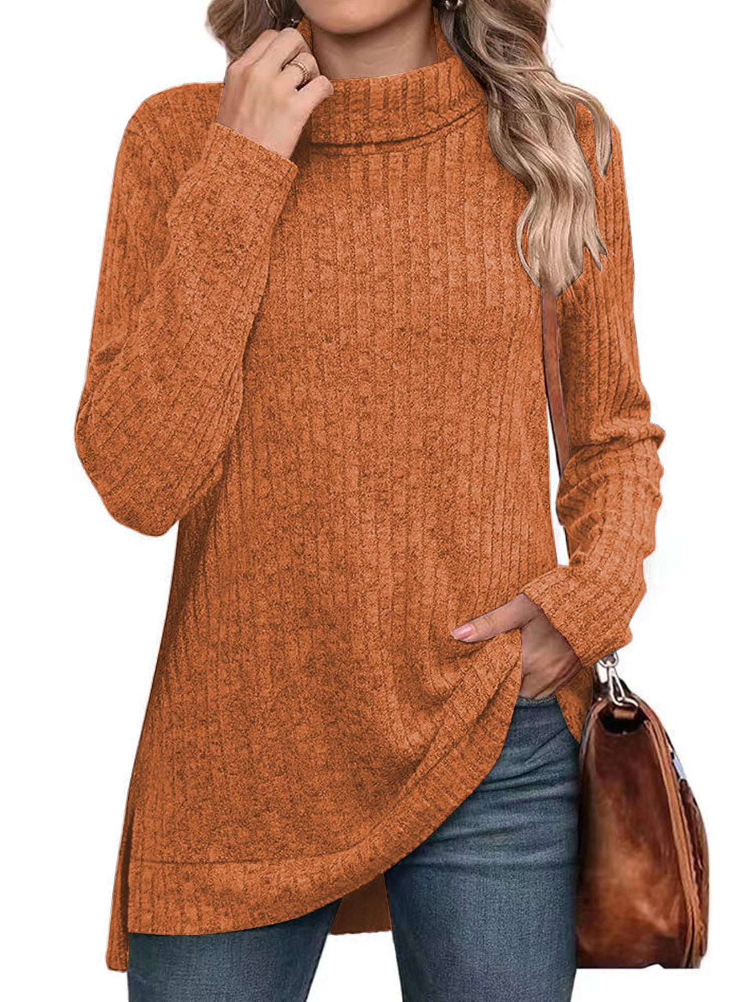 SHIBEVER Sweaters for Women Long Sleeve Pullover Casual Fall Tunic Tops Turtleneck Lightweight Soft Sweaters Side Split Loose Winter Clothes