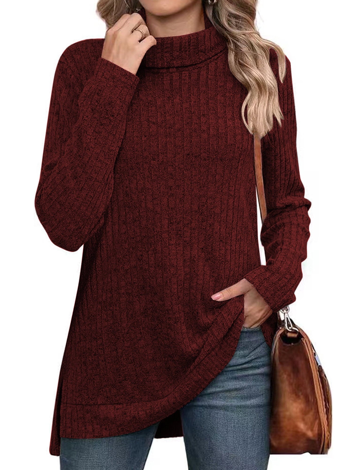 SHIBEVER Sweaters for Women Long Sleeve Pullover Casual Fall Tunic Tops Turtleneck Lightweight Soft Sweaters Side Split Loose Winter Clothes