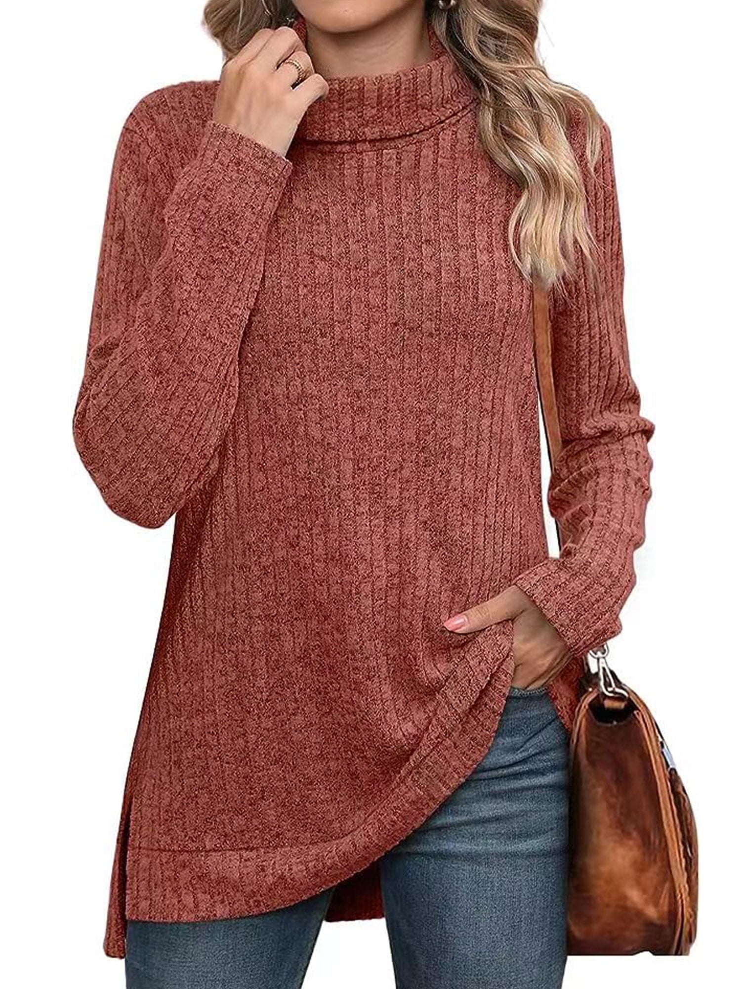 SHIBEVER Sweaters for Women Long Sleeve Pullover Casual Fall Tunic Tops Turtleneck Lightweight Soft Sweaters Side Split Loose Winter Clothes