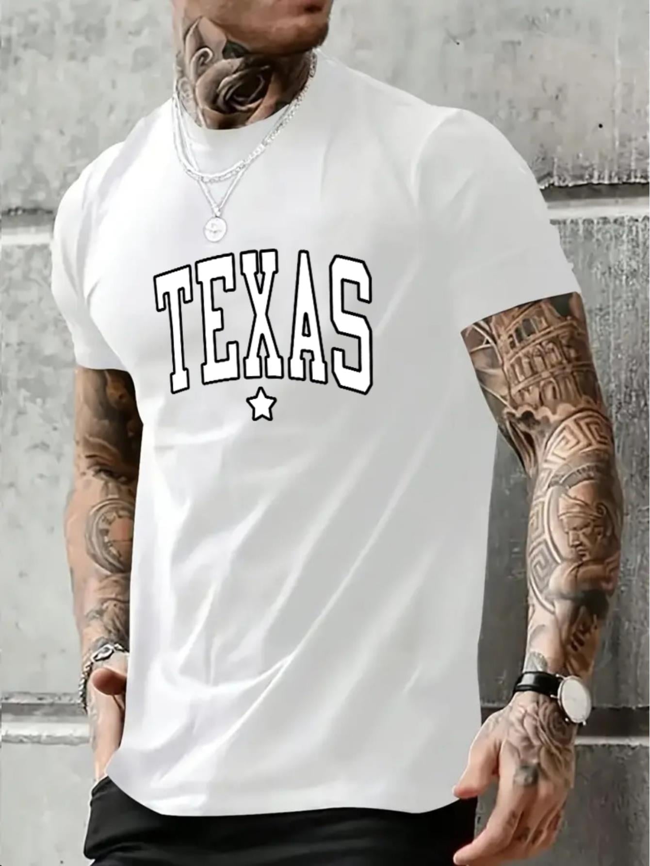 Heavyweight Cotton T-shirts,' Texas 'Creative Print Men's Casual T-Shirt, Summer Fashion Crew Neck Short Sleeve Top, Modern Streetwear Style For Men