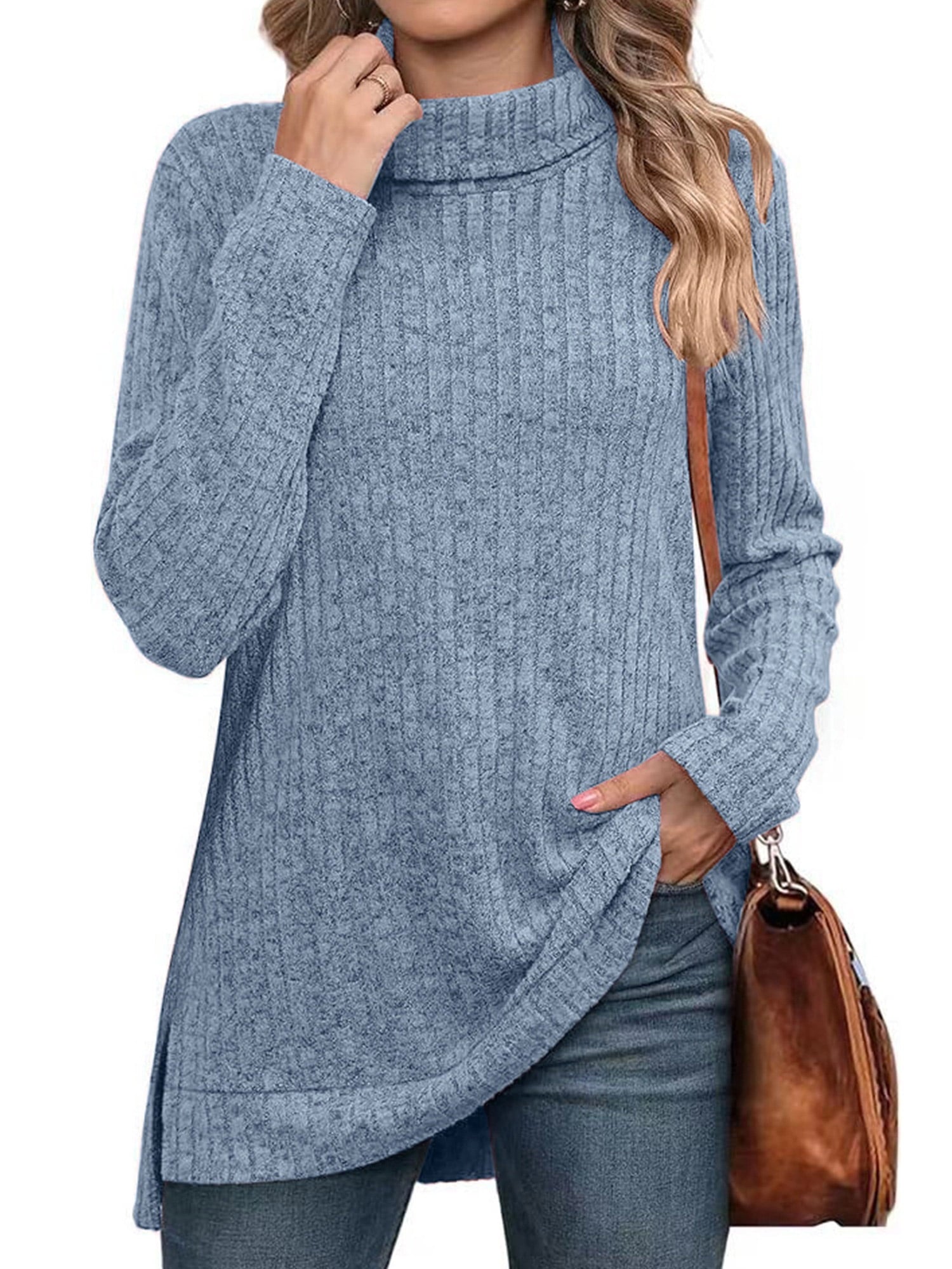 SHIBEVER Sweaters for Women Long Sleeve Pullover Casual Fall Tunic Tops Turtleneck Lightweight Soft Sweaters Side Split Loose Winter Clothes