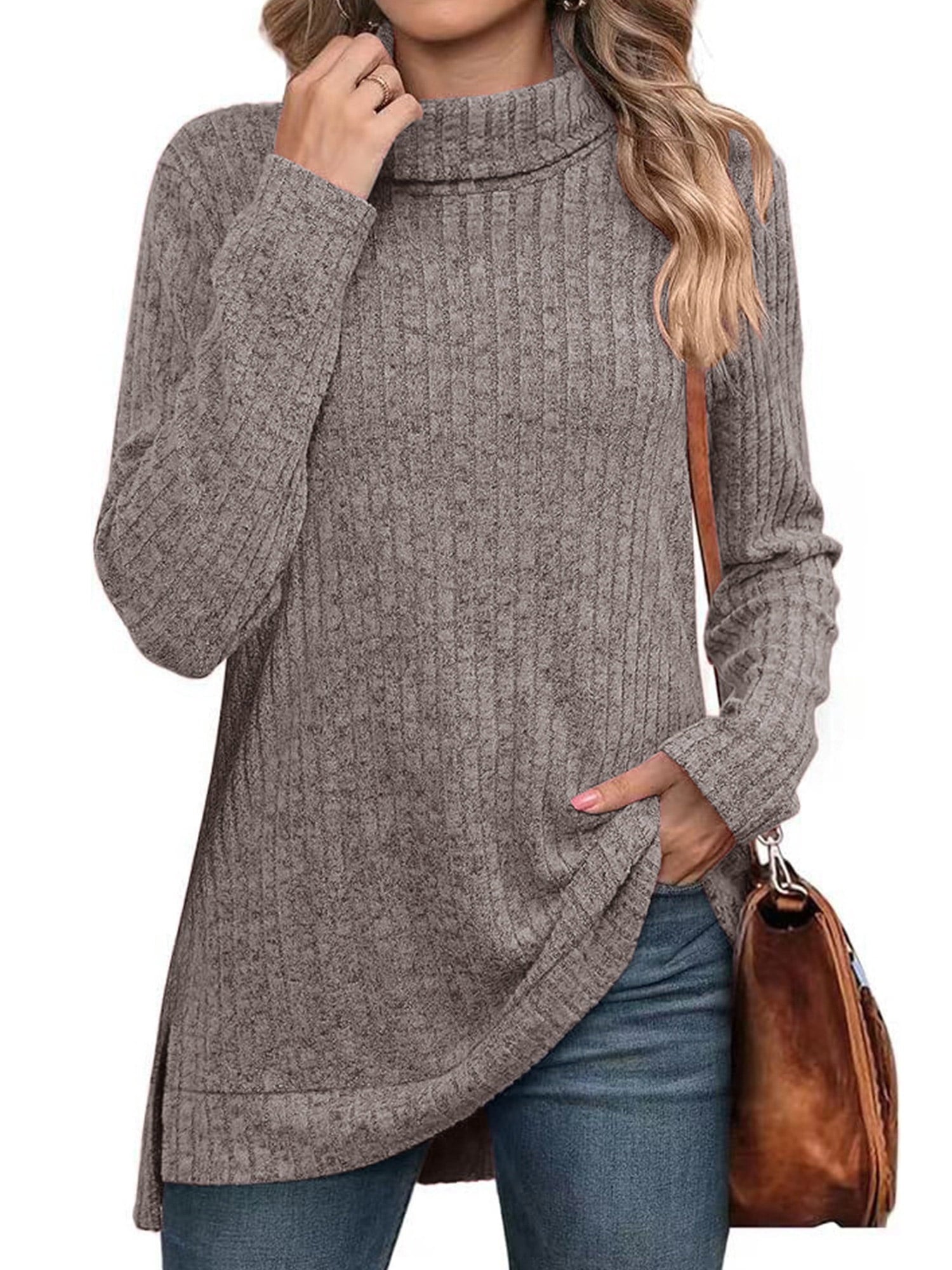 SHIBEVER Sweaters for Women Long Sleeve Pullover Casual Fall Tunic Tops Turtleneck Lightweight Soft Sweaters Side Split Loose Winter Clothes