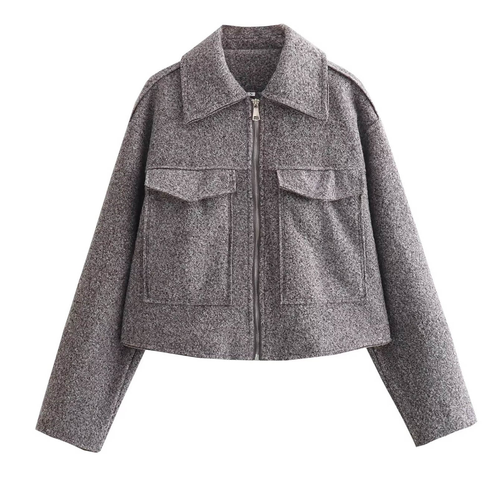 Women's Cropped Wool Blend Jacket Zip Up Design Short Casual Outerwear Modern Minimalist Fall Winter Street Style Tops
