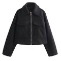 Women's Cropped Wool Blend Jacket Zip Up Design Short Casual Outerwear Modern Minimalist Fall Winter Street Style Tops