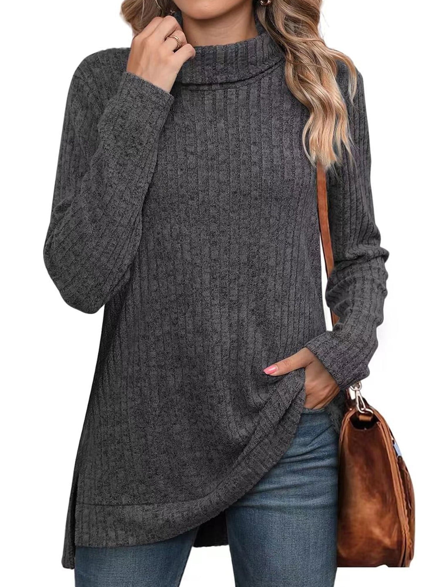 SHIBEVER Sweaters for Women Long Sleeve Pullover Casual Fall Tunic Tops Turtleneck Lightweight Soft Sweaters Side Split Loose Winter Clothes