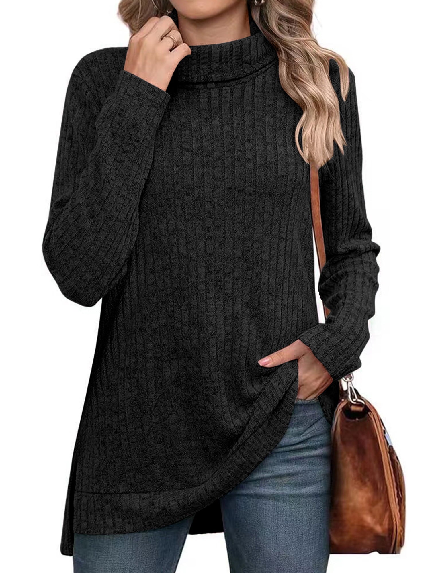 SHIBEVER Sweaters for Women Long Sleeve Pullover Casual Fall Tunic Tops Turtleneck Lightweight Soft Sweaters Side Split Loose Winter Clothes