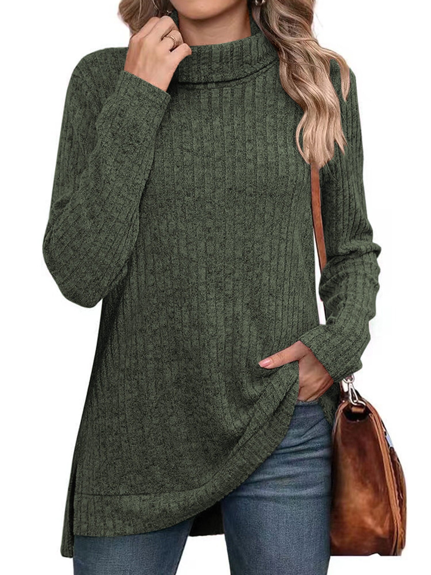 SHIBEVER Sweaters for Women Long Sleeve Pullover Casual Fall Tunic Tops Turtleneck Lightweight Soft Sweaters Side Split Loose Winter Clothes