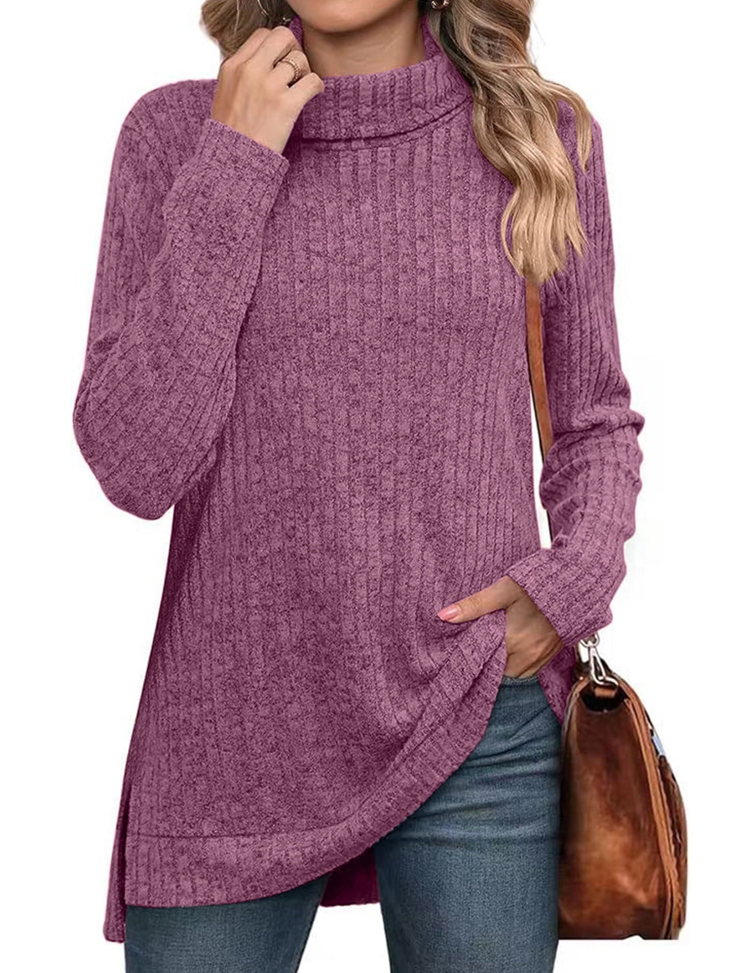 SHIBEVER Sweaters for Women Long Sleeve Pullover Casual Fall Tunic Tops Turtleneck Lightweight Soft Sweaters Side Split Loose Winter Clothes