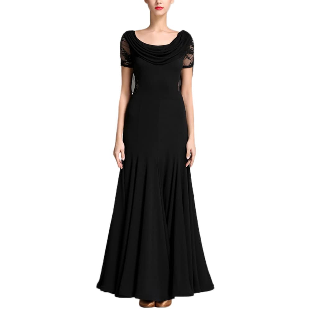 YM YOUMU Women Ballroom Dance Dress Modern Tango Lace Mesh Sleeve Dancewear