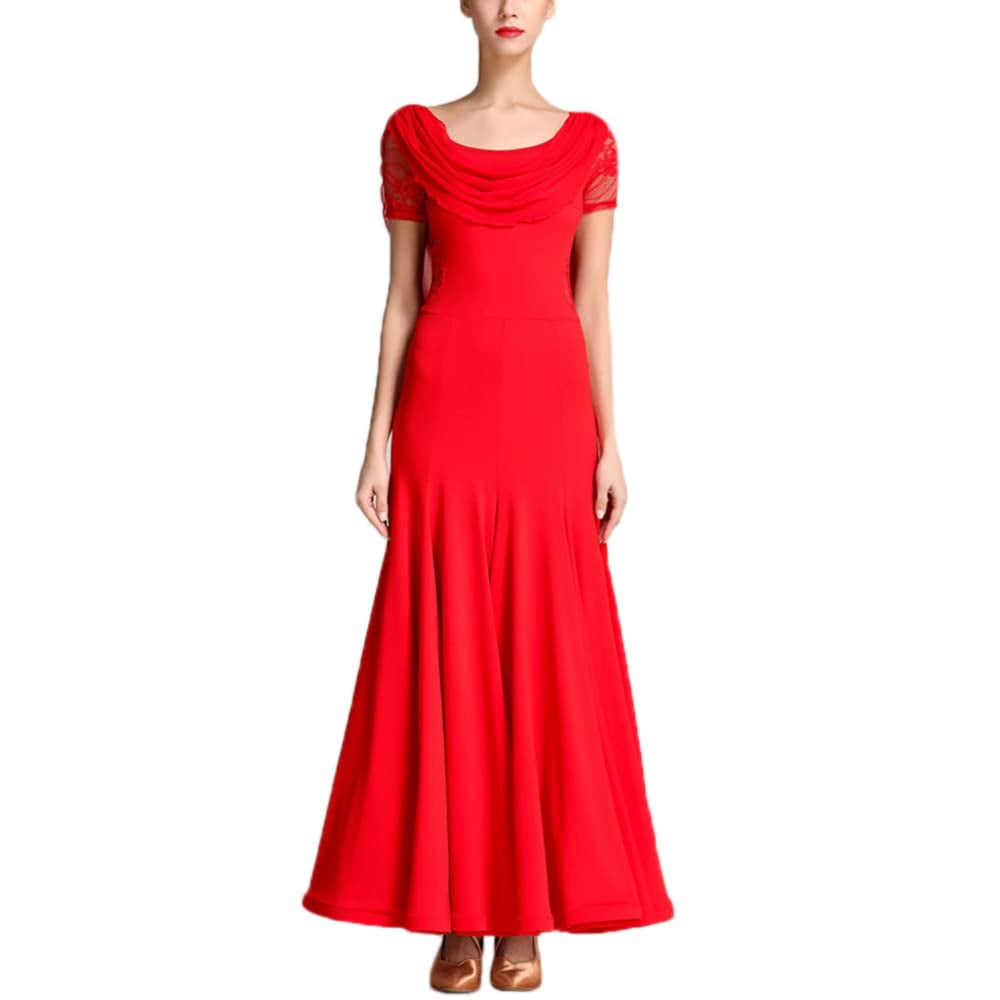 YM YOUMU Women Ballroom Dance Dress Modern Tango Lace Mesh Sleeve Dancewear