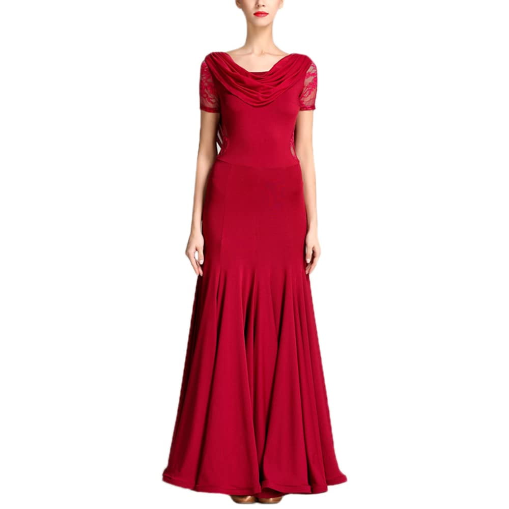 YM YOUMU Women Ballroom Dance Dress Modern Tango Lace Mesh Sleeve Dancewear