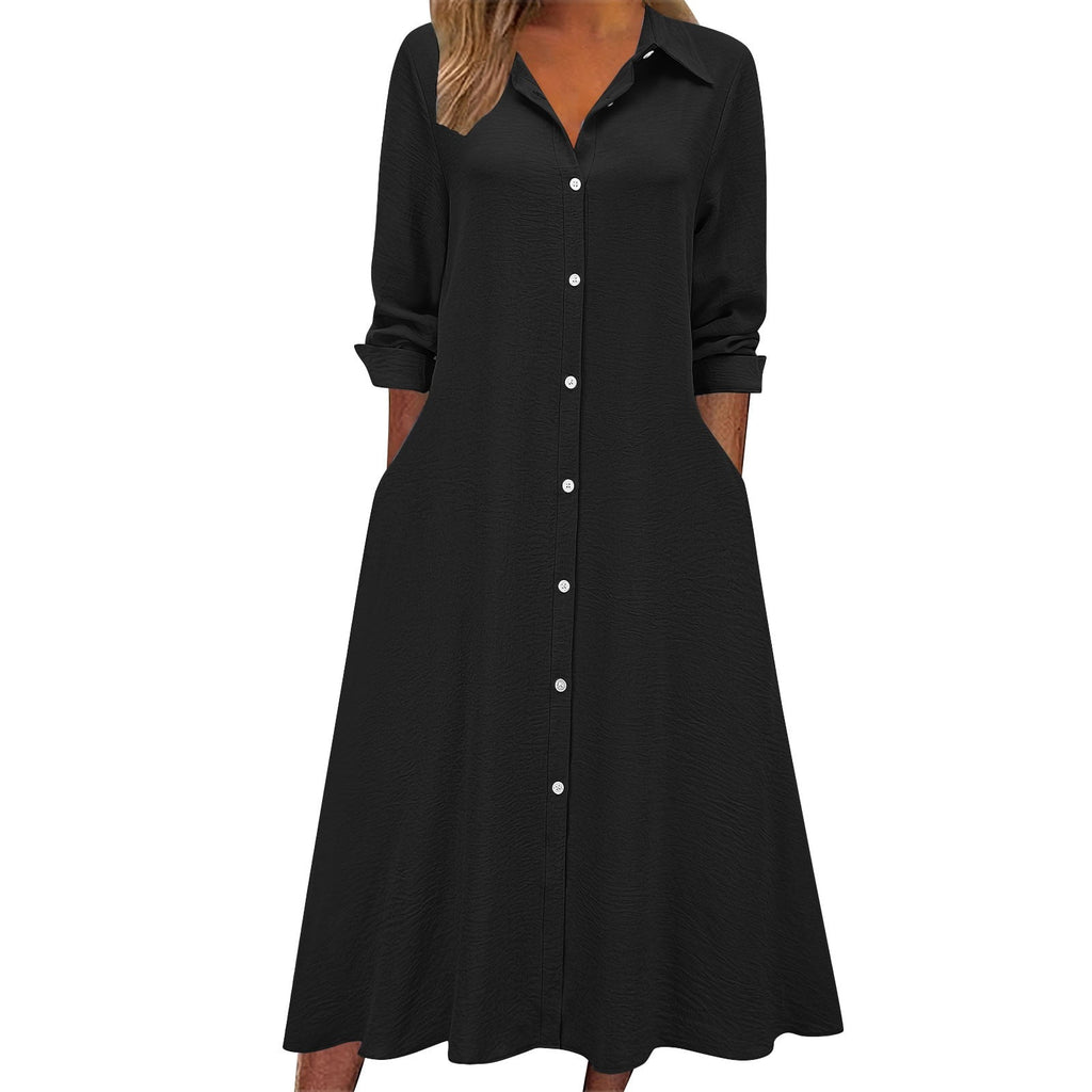 Yghzkop Women Temperament Dress V Neck Button Down Ankle Length Quarter Sleeve Elegant office Chic Minimalist Modern Feminine Fall Layering Staple