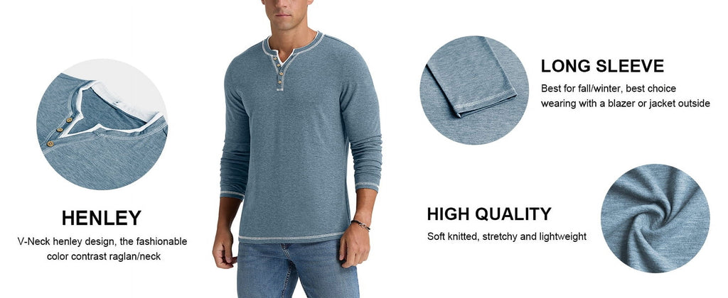 Iceglad Mens Henley Shirts Long Sleeve T Shirt Fashion Casual Slim V Neck Shirts