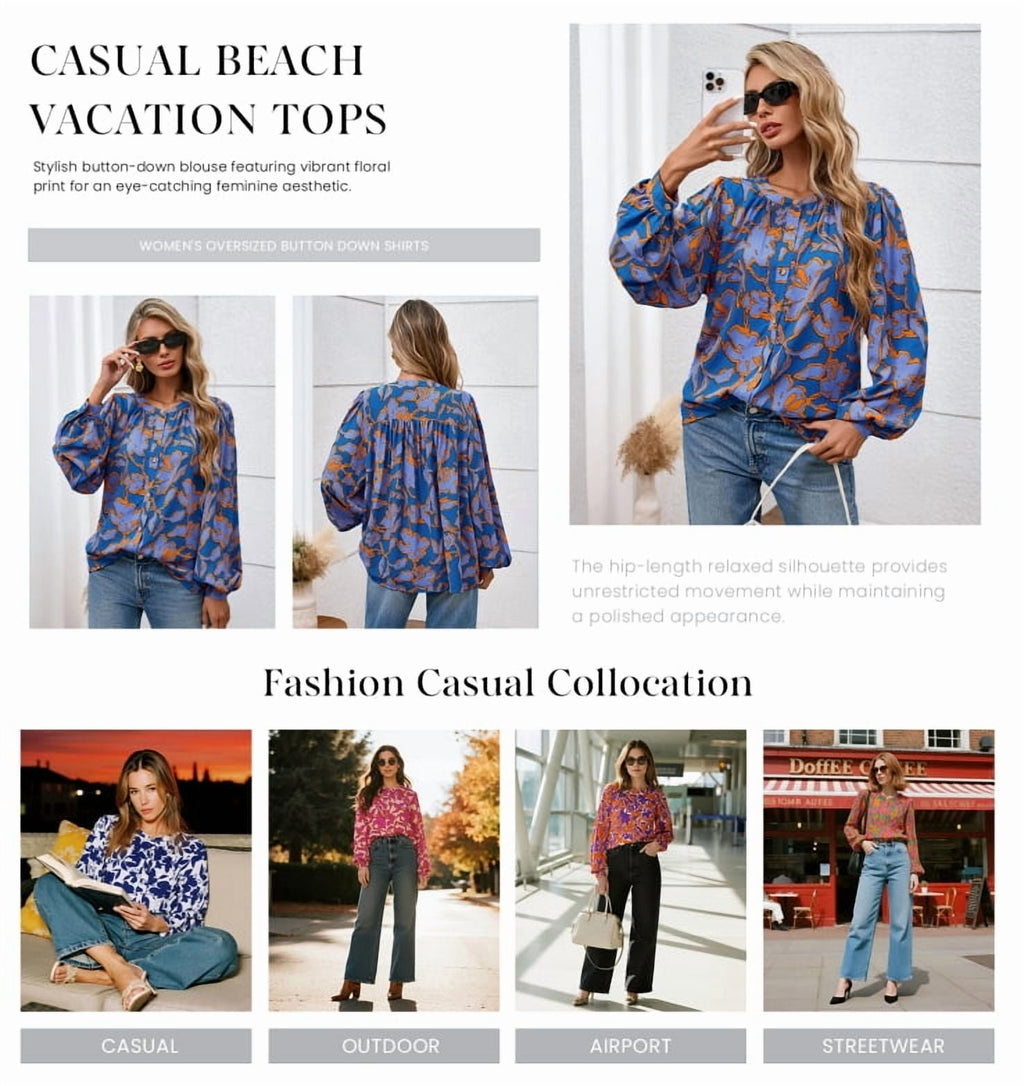 PRETTYGARDEN Women's Floral Button Down Blouse Fall Fashion Dressy Casual Long Sleeve Oversized Shirts Top Boho Clothes